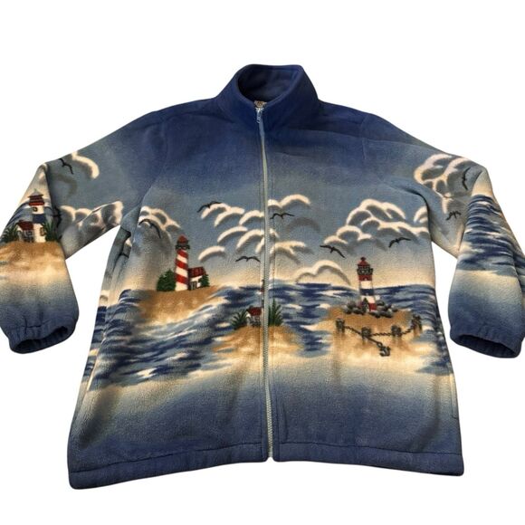 Vtg Blair Mens Jacket L Lighthouse AOP Theme Fleece Zip Up Outdoor Retro Ocean - Picture 1 of 13